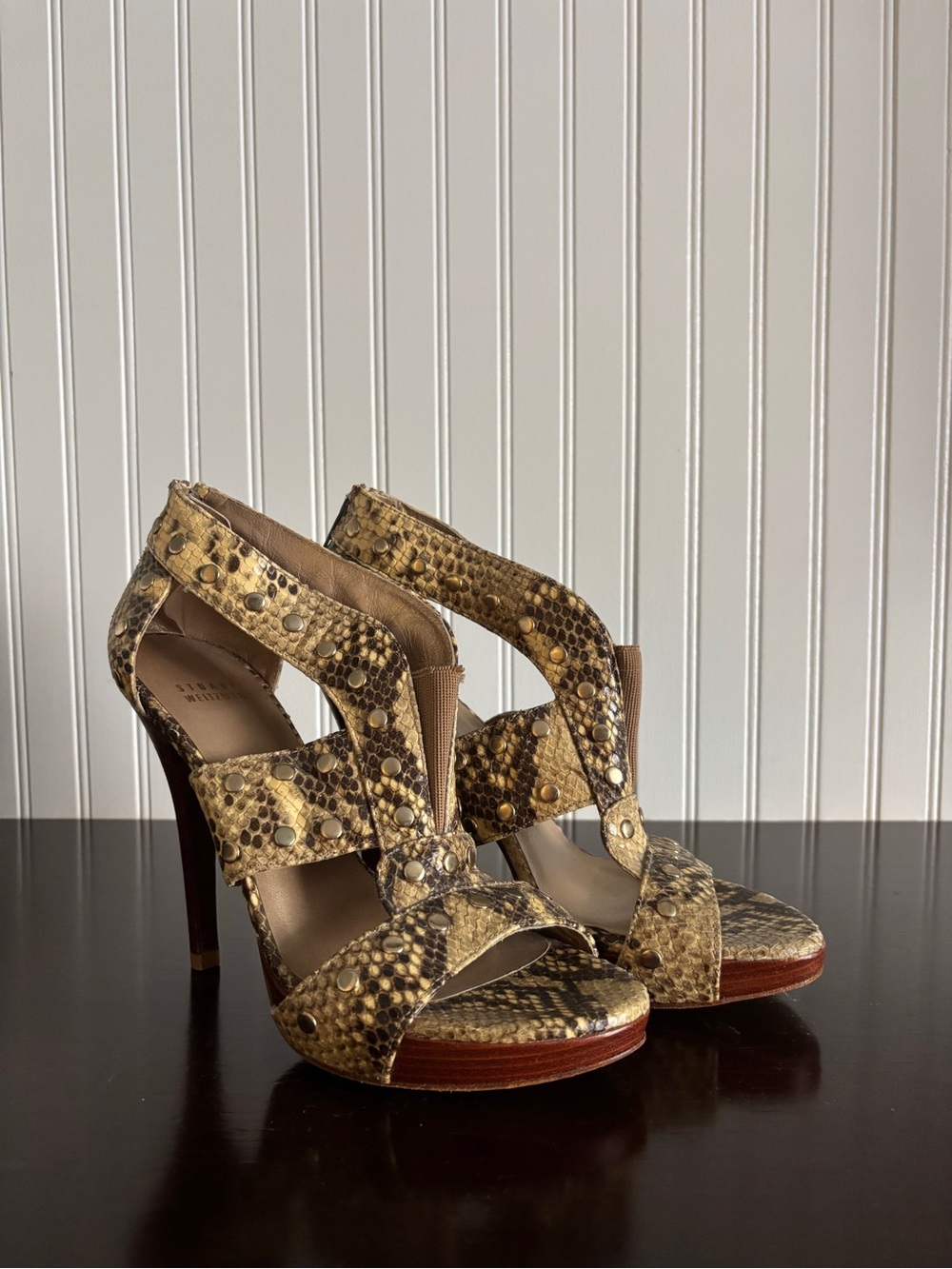 Stuart Weitzman Snake-Print Strappy Heels - Brown